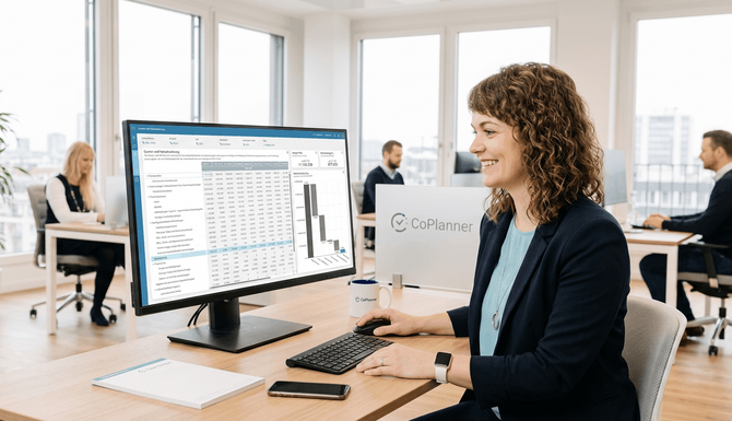 Controllerin sieht das Dashboard der Forecasting Software CoPlanner mit Umsatzprognose und Szenario-Analyse
